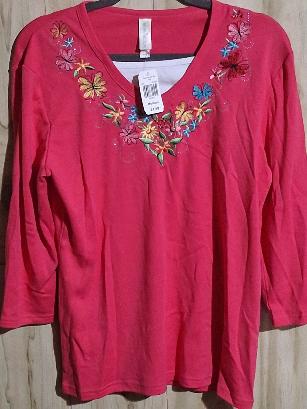 New Morning Sun Floral Embroidered V-Neck Long Sleeve Top - Pink